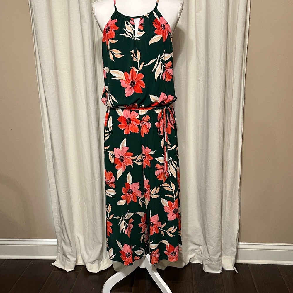 Floral Halter Midi Dress in Dark Green with Coral Blooms